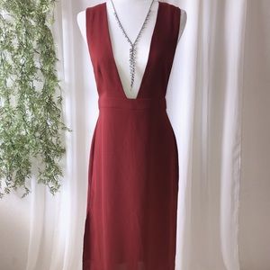 Burgundy midi dress super low cuts with side slit